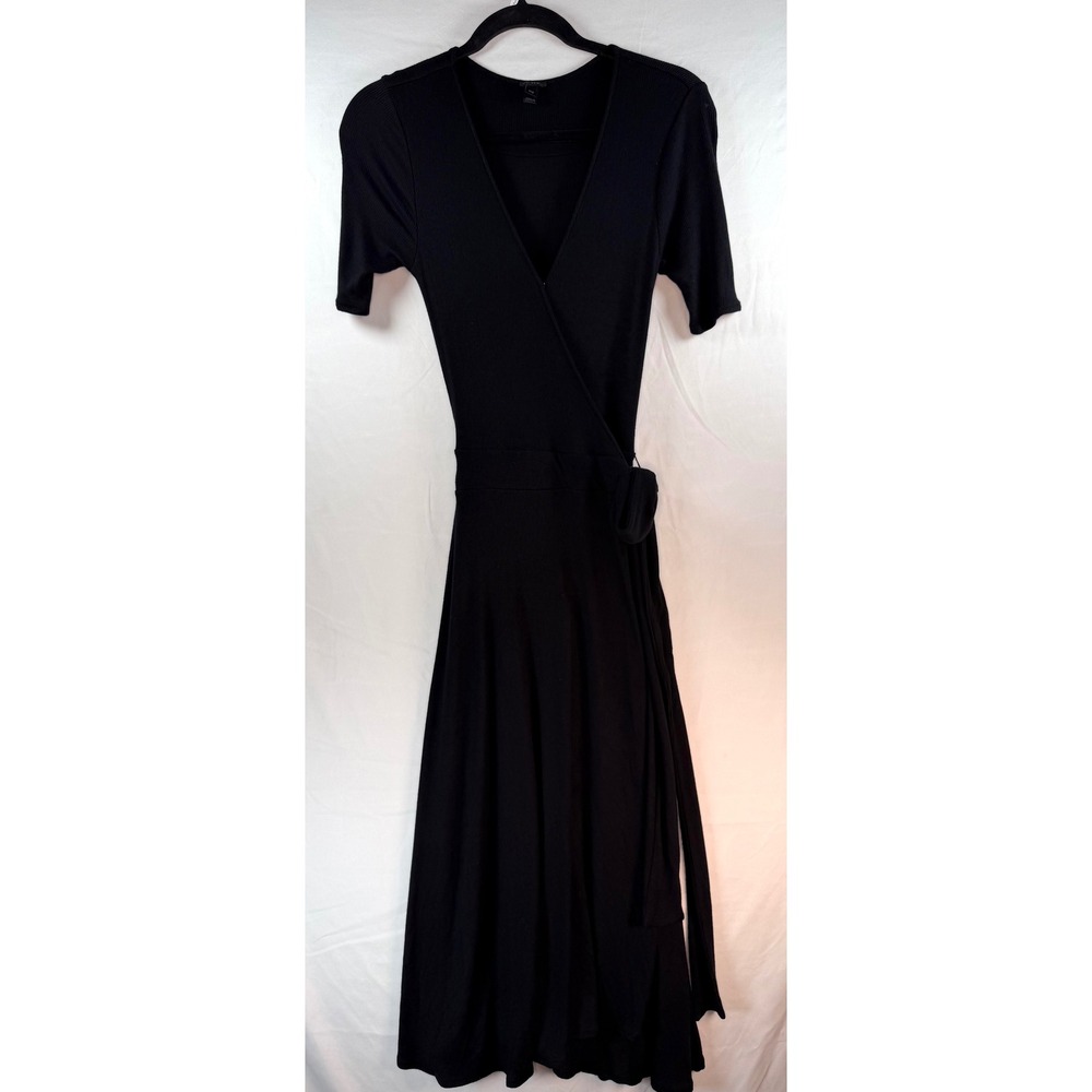 J.Crew Black Ribbed Wrap Dress Short Sleeve V-Neck Midi XXS runs large